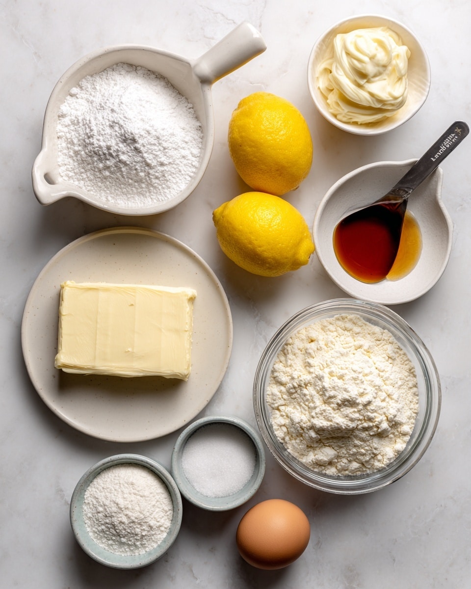 The image shows various baking ingredients arranged on a white marbled surface. In the top left, a small white bowl with a handle holds white baking soda and powder. Next to it, two bright yellow lemons sit close together in the center. To the right, a small white bowl with a handle contains amber-colored vanilla extract. Below it, a white bowl is filled with fine white sugar labeled almond extract. Under these, a clear glass bowl is filled with all-purpose flour, which is white and powdery in texture. On the bottom left, two small greyish-white bowls contain white confectionary sugar and flour respectively. Above them is a white plate holding a pale yellow block of unsalted butter and a brown egg. Above this plate, a metal measuring cup holds a creamy, white ricotta. The items are spaced to clearly show the different textures and colors. photo taken with an iphone --ar 4:5 --v 7