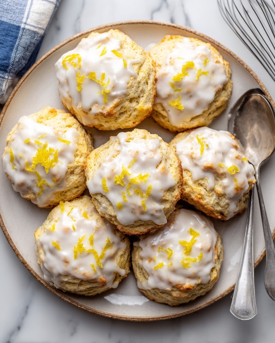 A close-up view of six round lemon cookies stacked in a white ceramic bowl, each cookie has a soft, pale yellow color with a slightly bumpy texture. On top of each cookie is a thin layer of white icing that looks smooth and glossy, with small bits of bright yellow lemon zest scattered on the icing. The bowl sits on a white marbled surface. A metal spoon is partially visible at the edge of the bowl, lightly touching the cookies. photo taken with an iphone --ar 4:5 --v 7
