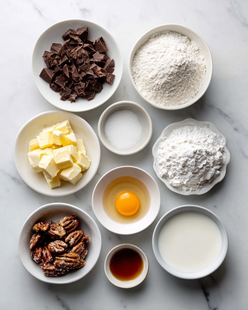 A top view shows nine small white bowls arranged on a white marbled surface. Starting at the top left, there is a bowl filled with chopped dark brown chocolate pieces. Next to it on the right is a bowl with a mound of white all-purpose flour. Below the chocolate, there is a smaller bowl with a small amount of white coconut oil. To the right of the coconut oil is a bowl filled with light yellow butter chunks. Next to the butter at the upper right is a bowl full of white granulated sugar. Below the coconut oil is a bowl with brown candied pretzels. To the right of the pretzels is a small bowl holding a single raw egg yolk with orange color. At the bottom right, there is a bowl with light brown vanilla extract, and left of it is a bowl with white heavy cream. A tiny bowl with white salt is placed near the heavy cream. Each bowl shows a clear and simple arrangement on the white marbled surface. photo taken with an iphone --ar 4:5 --v 7