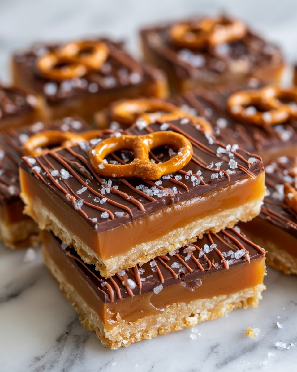 A single square piece dessert sits on a white plate with dark speckles and a white marbled surface below. The bottom layer is a light brown pastry or crust, topped with a thick glossy caramel layer that shines in the light. On top of the caramel, there are small pretzel pieces placed, some broken, adding texture. The dessert is decorated with thin lines of melted milk chocolate drizzled over the top and around the plate with a few flakes of coarse salt scattered over everything. Photo taken with an iphone --ar 4:5 --v 7