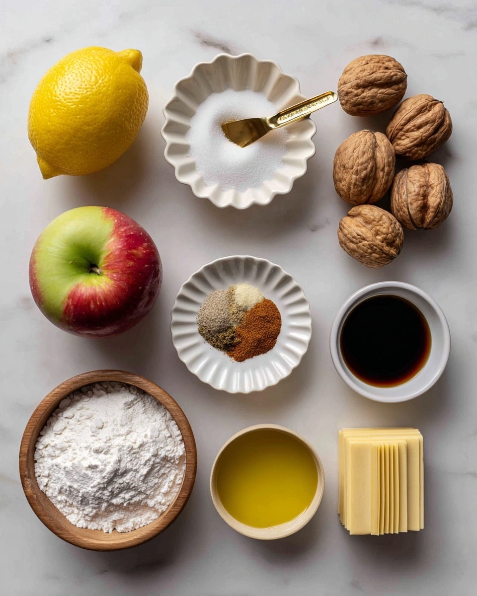 On a white marbled surface, there is a bright yellow lemon on the left side and two apples with red and green skin positioned near the bottom left and center right. Above the apple on the right are clusters of brown walnuts. In the middle, a golden measuring cup filled with white sugar sits. A small white scalloped dish holds a mix of brown spices with some white salt in the center. Below the lemon and sugar, a small round white bowl is filled with white cornstarch. Near the bottom center, a small round wooden bowl contains yellow oil, placed on top of three stacked square egg roll wrappers. To the right of the oil bowl, a small white cup holds dark brown vanilla extract. The arrangement is neat and all items sit directly on the white marbled surface. Photo taken with an iphone --ar 4:5 --v 7