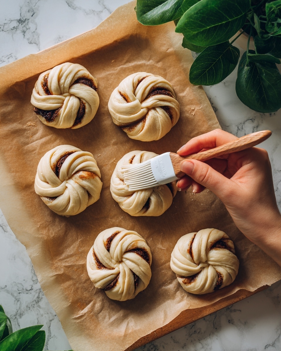 The image shows five round, twisted dough pieces on a sheet of parchment paper, each layered with light beige dough and a thin dark brown filling swirled within. A woman's hand holds a wooden-handled white silicone brush that lightly presses on one dough piece from above. The dough pieces have a soft, slightly shiny texture, with some edges folded over creating flower-like shapes. The scene is set near a green leafy plant, and the background surface is a white marbled texture. Photo taken with an iphone --ar 4:5 --v 7