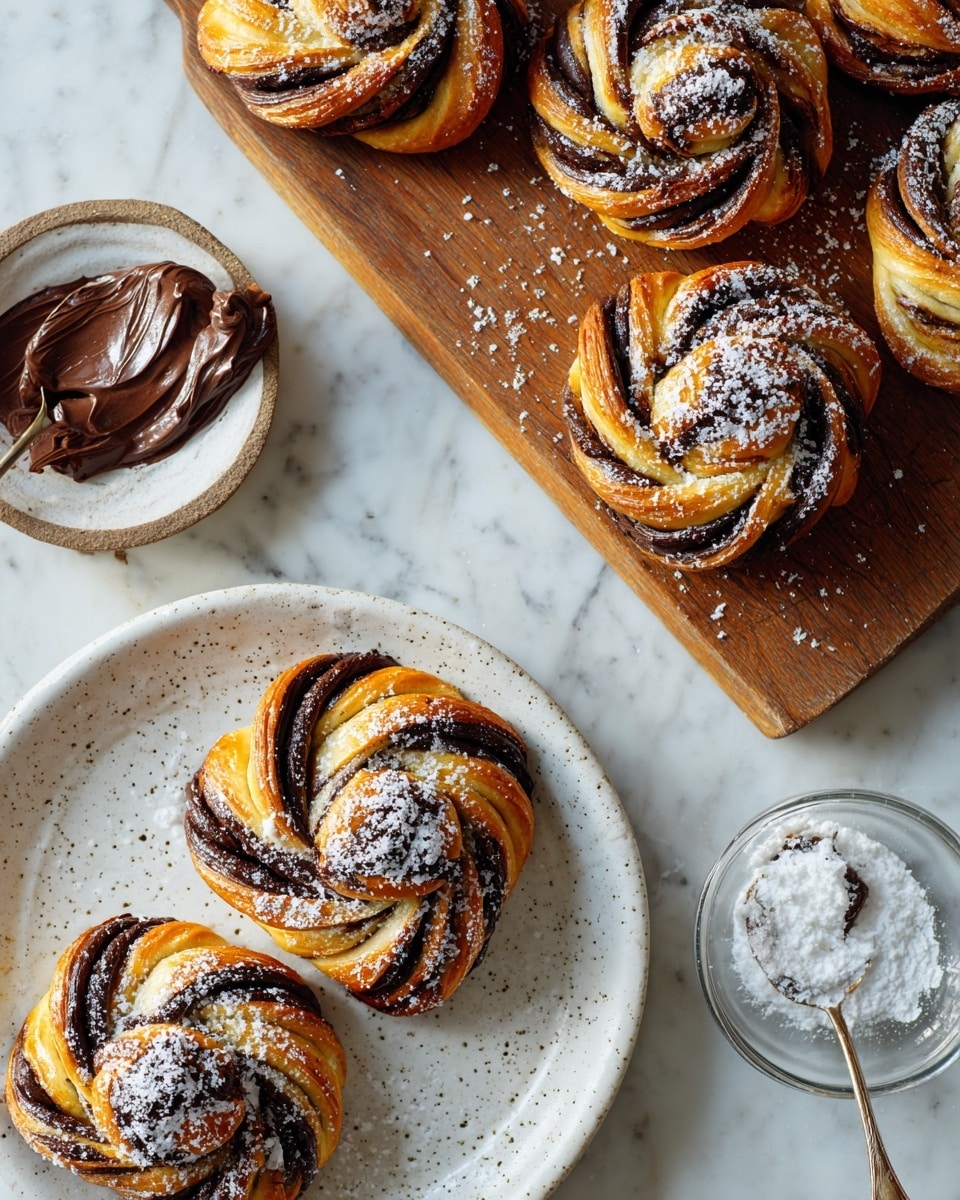 The image shows several twisted pastries with two layers: a shiny golden-brown outer dough and a dark chocolate filling twisted inside. Each pastry has multiple swirled layers giving a braided look with powdered sugar sprinkled on top, adding a white dusting over the golden and chocolate colors. Some pastries are placed closely on a white plate with a speckled texture, while others rest on a wooden board. On the wooden board near the pastries is a spoon spread with chocolate and a clear bowl with powdered sugar nearby. The whole scene sits on a white marbled surface photo taken with an iphone --ar 4:5 --v 7