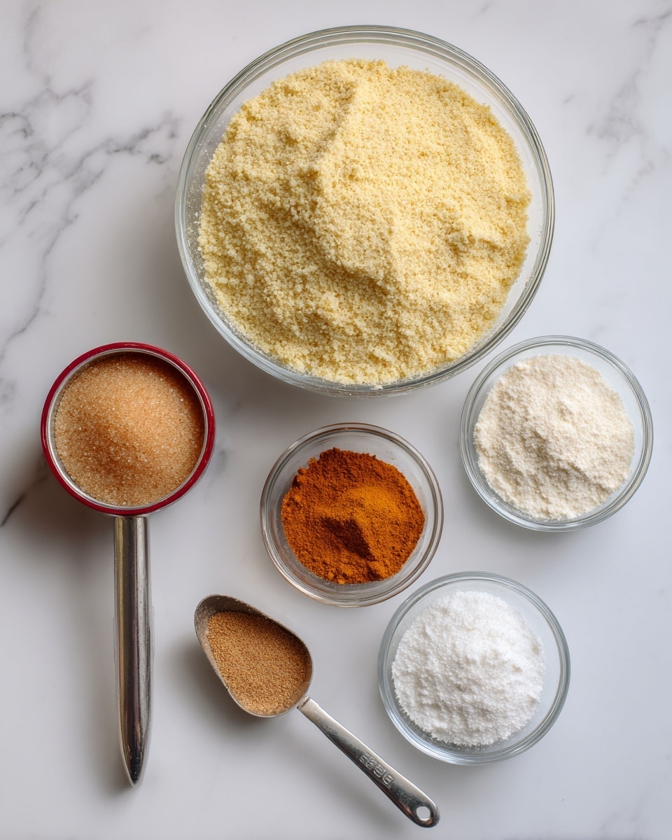The image shows six cooking ingredients placed on a white marbled surface. On the top left, there is a large clear glass bowl filled with a light yellow, grainy almond flour. To its right, there is a small round container with a red foil lid labeled unsweetened applesauce. Below the applesauce, a metal measuring spoon filled with light brown brown sugar sits on the surface. Below the almond flour bowl, there is a small clear glass bowl containing orange-brown cinnamon powder. To the right of the cinnamon bowl is another small clear glass bowl with white baking powder. Text labels identify each ingredient in simple black font. Photo taken with an iphone --ar 4:5 --v 7