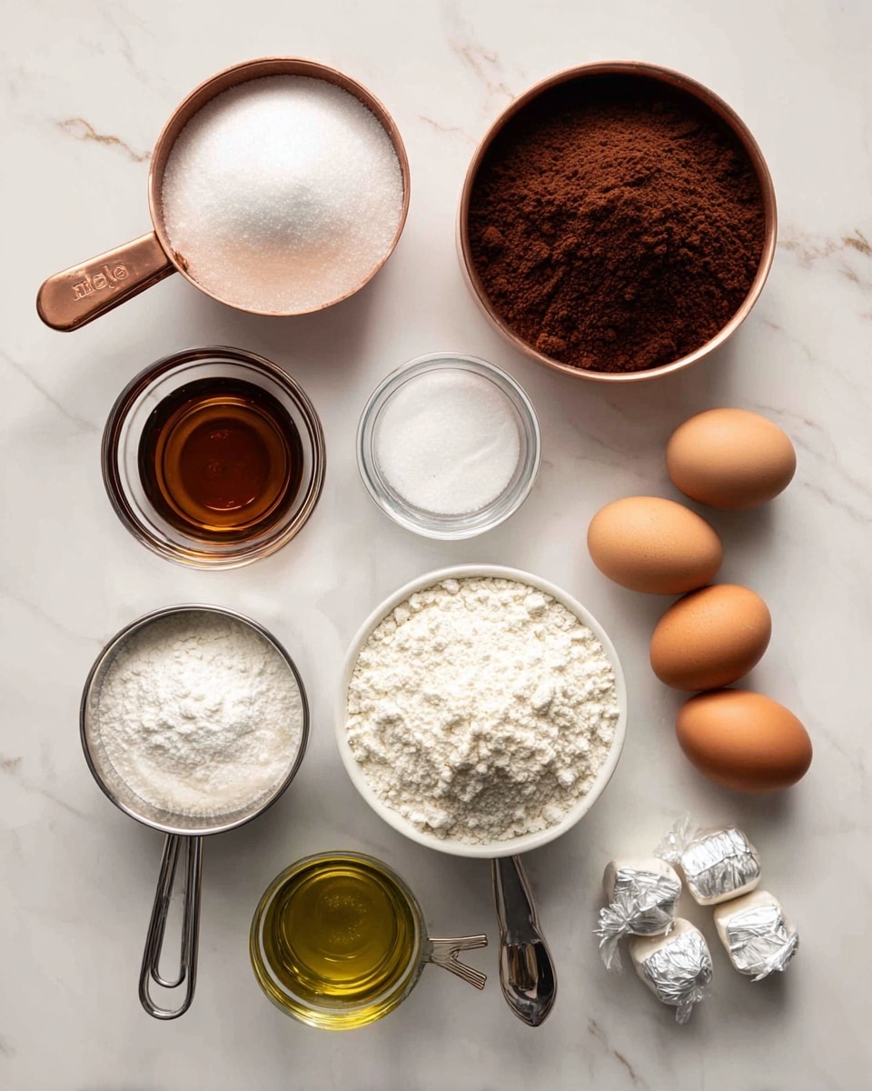 A top view of baking ingredients arranged neatly on a white marbled surface. At the top left, a copper measuring cup filled with white granulated sugar and to its right, another copper measuring cup filled with dark brown cocoa powder. Below them, a clear glass bowl with amber vanilla extract on the left and a small clear bowl with white salt in the center. To the right, a small white bowl holds two brown eggs. Below the vanilla extract, a silver measuring cup is filled with white powdered sugar, next to it a smaller silver measuring spoon has white baking powder. At the bottom center, a bronze measuring spoon contains golden olive oil. Finally, a silver measuring cup full of light cream all purpose flour is placed to the right near some wrapped peppermint kiss candies. The ingredients have labeled arrows pointing to each of them. photo taken with an iphone --ar 4:5 --v 7