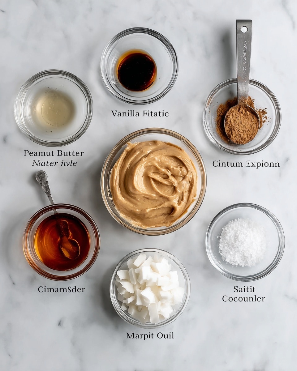 The image shows six small glass bowls and a metal measuring spoon arranged on a white marbled surface. In the center is a clear glass bowl filled with a smooth, light brown, creamy mixture labeled