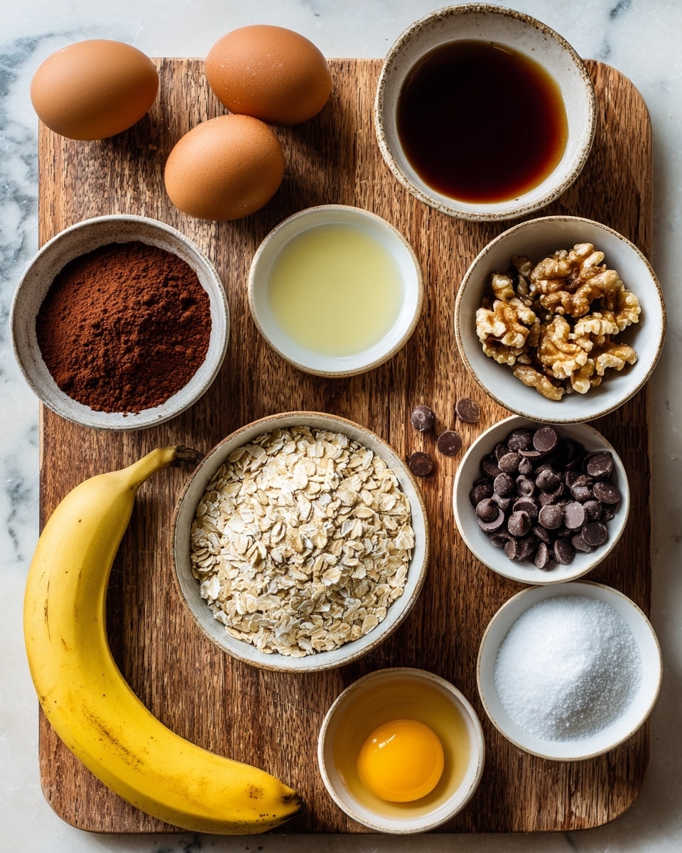 The image shows a collection of small white bowls and two whole eggs spread out on a wooden surface with a white marbled texture. There are eleven ingredients placed separately: light brown cocoa powder in the bottom left bowl; dark brown espresso powder in a smaller bowl nearby; dark maple syrup in a white bowl to the upper right; medium brown walnuts in a white bowl near the bottom right; dark chocolate chips in a white bowl near the center; pale yellowish canola oil in a white bowl near the top center-right; light beige Quaker oats filling a white bowl near the bottom center; white salt crystals in a small bowl above the oats; two brown eggs resting together on the surface; a small bowl of dark amber vanilla extract near the top center; an off-white bowl of white baking soda near the top right; and a single ripe yellow banana resting on the right side with its bottom near the walnuts. Photo taken with an iphone --ar 4:5 --v 7