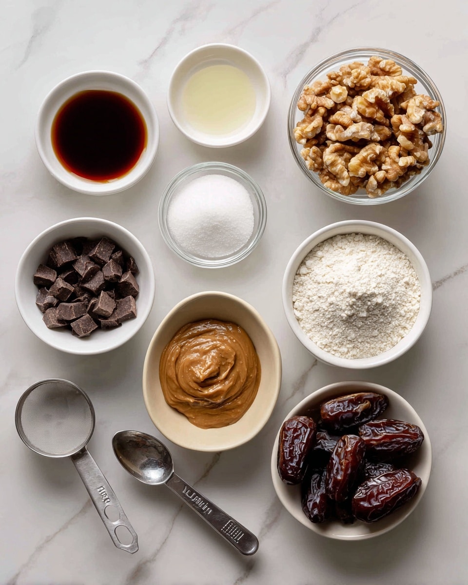 The image shows a flat lay of various ingredients arranged on a white marbled surface. There are nine items in total, each in a small white bowl or measuring cup, except one which is in a clear glass bowl. Starting from top left, a small white bowl contains dark brown vanilla extract, next to a clear glass bowl filled with irregular pieces of light brown walnuts. Below the walnuts, a small white bowl holds dark brown chocolate chips. To its left, a white bowl has dark amber maple syrup with a glossy surface. Near the syrup, a metal measuring cup holds a white powder, almond flour. At bottom center, a clear glass bowl contains smooth almond butter, light brown and creamy in texture. To the left, a beige bowl holds chunky dark brown dates, while a metal measuring spoon with translucent solid coconut oil sits above this bowl. Lastly, a small white bowl above the syrup holds fine white salt. Each ingredient bowl is neatly spaced from one another. Photo taken with an iphone --ar 4:5 --v 7