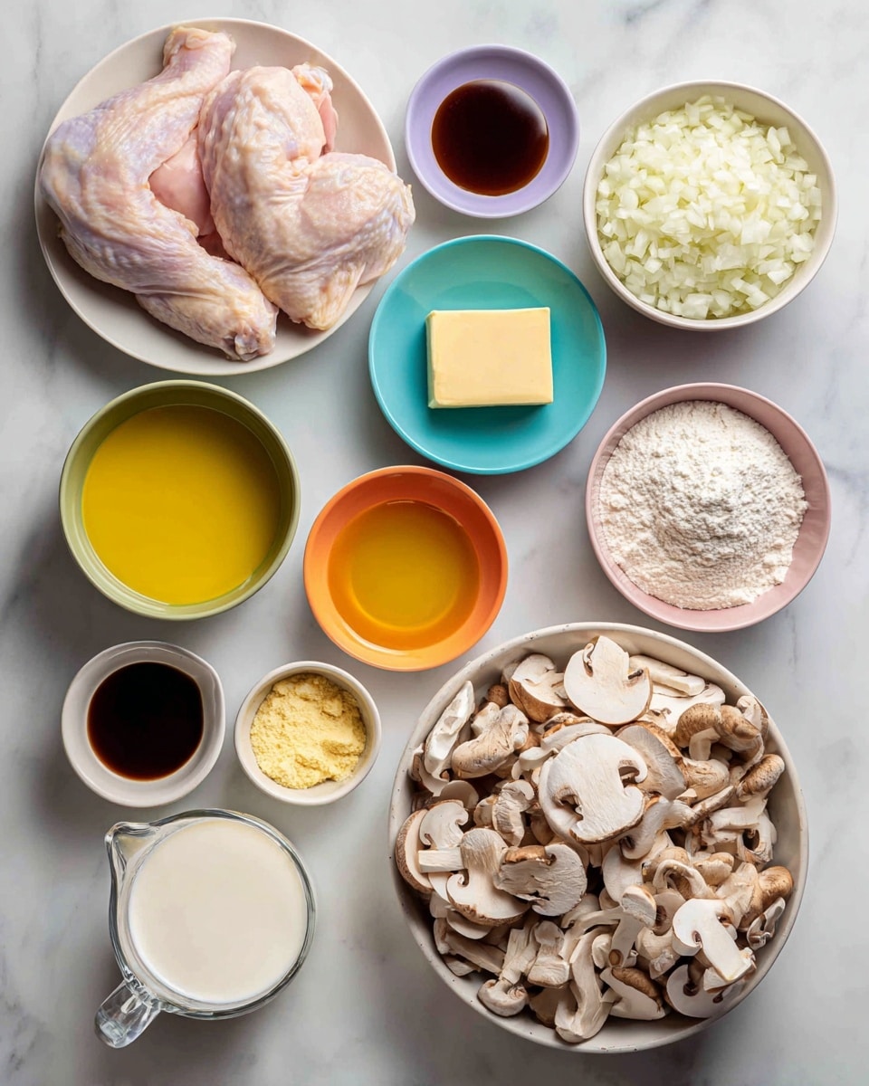 A white package of raw chicken is placed at the top left corner, showing the pale pink meat. To its right is a white bowl filled with finely chopped white onions. Below the chicken, a small green bowl holds a square piece of pale yellow butter. Next to it, a small purple bowl contains light beige garlic powder. To the right, two small bowls, one light blue and one pale pink, are filled with golden-yellow olive oil and a similar colored liquid. Below them, a small yellow bowl contains dark brown Worcestershire sauce, while an orange bowl beside it has minced light yellow garlic. A white bowl filled with white flour is below the butter. A dark blue bowl containing creamy, light yellow Dijon mustard is near the center. Below that, a white ½ cup measuring cup is filled with thick white sour cream. To the bottom left, a clear measuring cup with orange-yellow chicken broth is placed, casting a slight shadow. Lastly, at the bottom right, a large white bowl overflows with fresh, white and light brown sliced mushrooms. All are laid on a white marbled surface. photo taken with an iphone --ar 4:5 --v 7