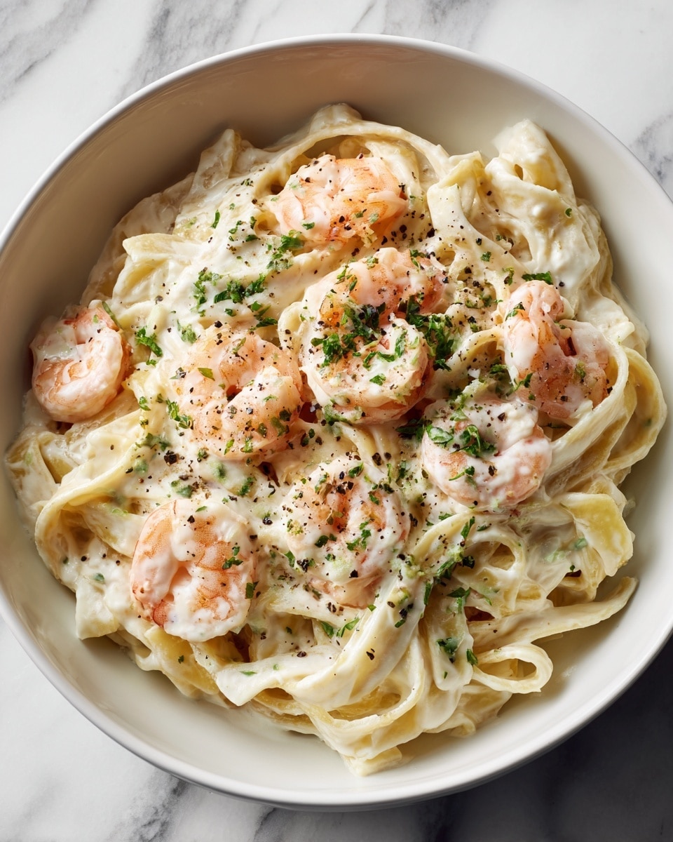 A white bowl holds creamy fettuccine pasta layered with a smooth white sauce mixed throughout. On top and within the pasta are light pink shrimp, arranged in small clusters. The noodles have a slightly glossy texture, curled in soft loops. There are small green herb pieces sprinkled lightly over the dish and a dusting of black pepper dots the surface. The bowl sits on a white marbled surface. Photo taken with an iphone --ar 4:5 --v 7