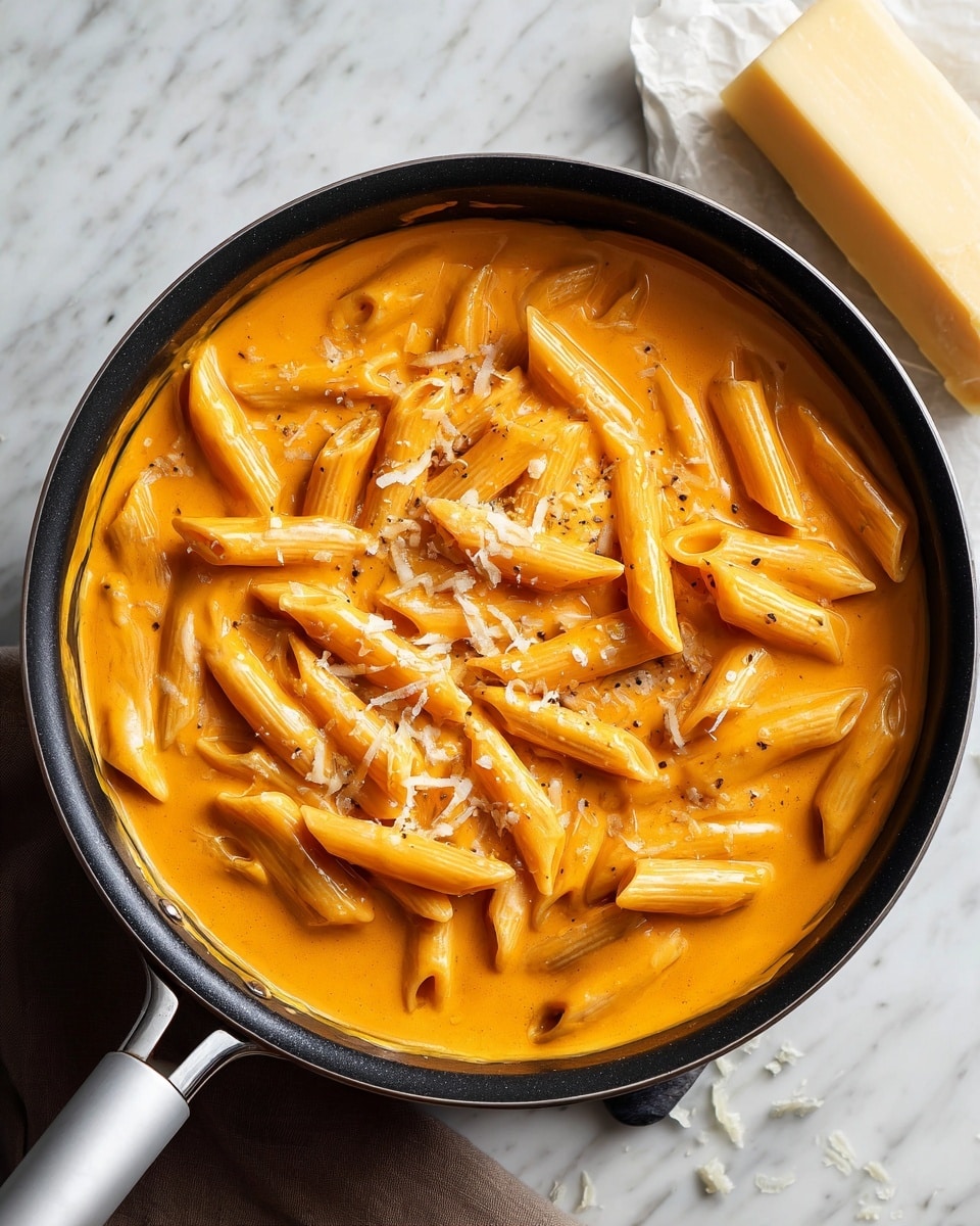 The image shows a deep black pan filled with creamy orange pasta sauce that covers a layer of penne pasta. The penne pasta pieces are pale orange and glossy, partly submerged and partly resting on top in different directions. There are small grates of white cheese scattered on the surface, melting slightly into the sauce. The pan sits on a white marbled surface with a block of pale yellow cheese nearby. The pan handle is smooth and gray, extending toward the bottom left corner of the image. Photo taken with an iphone --ar 4:5 --v 7