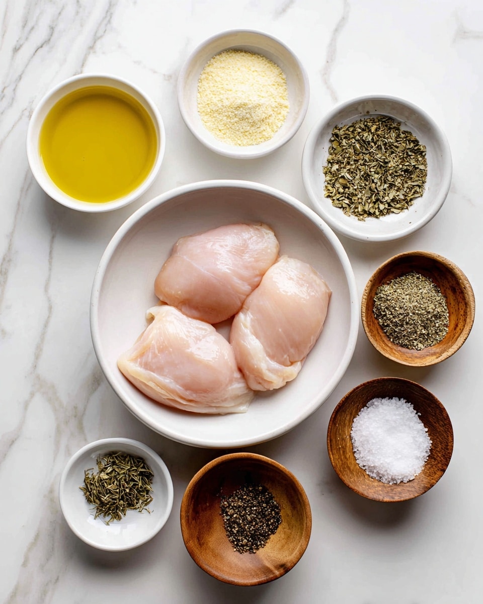 A white bowl sits at the center on a white marbled surface, holding two raw boneless chicken pieces that are pale pink and smooth. Surrounding the bowl are seven small white bowls and wooden bowls, each filled with a different ingredient: bright yellow olive oil in a white bowl to the upper left, finely ground garlic powder with a pale yellow color in a wooden bowl at the bottom right, dark green dried oregano and dried thyme in wooden bowls placed at bottom left and top middle, coarse white salt in a wooden bowl near the upper right, and finely ground black pepper in a wooden bowl on the lower left side. A white bowl with pale yellow lemon juice is near the lower right. The ingredients and chicken are arranged neatly with clear labels in black text on white rectangles above each item. The overall look is clean and organized on a white marbled background photo taken with an iphone --ar 4:5 --v 7