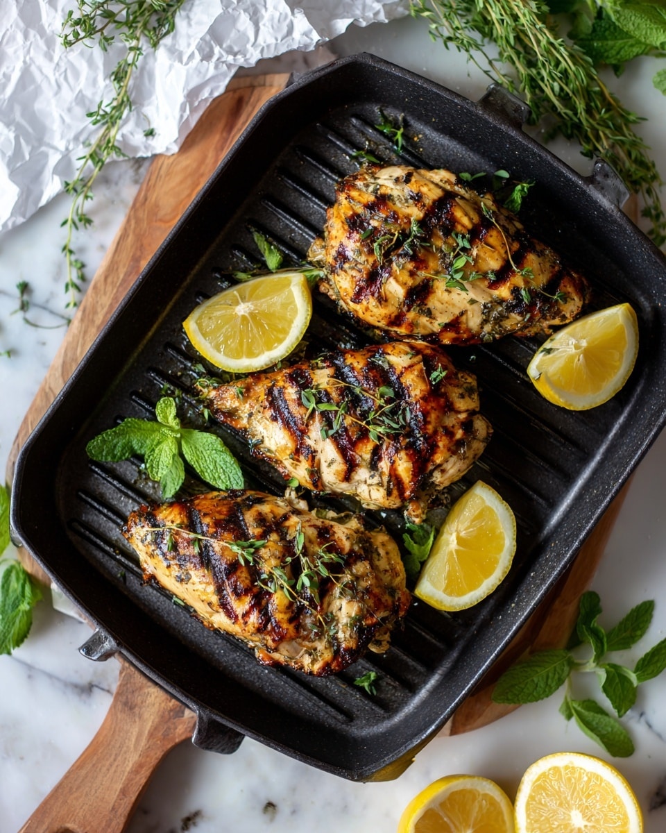 A black grill pan holds three grilled chicken pieces with clear dark grill marks, each topped with small green herb sprigs. Between the chicken pieces are bright yellow lemon wedges and fresh green herb sprigs. The pan is placed on a white marbled surface with a wooden board covered in crumpled white paper and green herbs on the upper left corner. Loose herb leaves and lemon pieces are scattered around, creating a fresh and vibrant look. Photo taken with an iphone --ar 4:5 --v 7