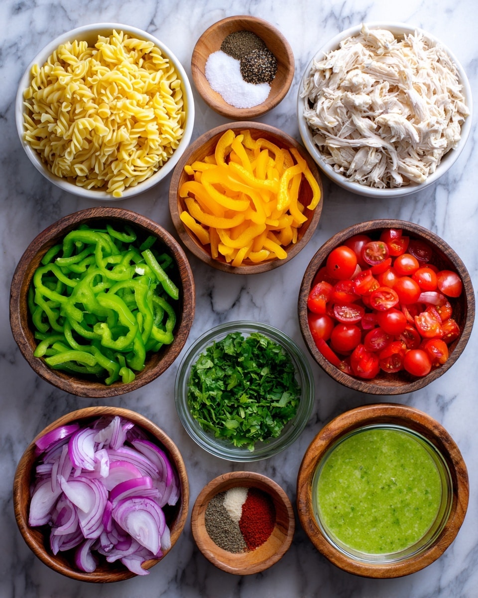 The image shows a bright and colorful display of ingredients in white bowls and small wooden containers, all placed on a white marbled surface. There are seven separate sections visible: one bowl filled with dry yellow pasta, one with white shredded chicken, another with yellow bell pepper strips, a bowl with red bell pepper strips, one with green poblano pepper strips, and a small bowl with fresh chopped cilantro. Additionally, there are smaller wooden bowls containing salt and black pepper, and another small bowl holds reddish-brown taco seasoning. A glass container holds a bright green cilantro lime dressing, and more bowls contain halved red cherry tomatoes and sliced red onions. The textures range from smooth pasta to shredded chicken and crisp vegetable slices, creating a fresh and vibrant look. Photo taken with an iphone --ar 4:5 --v 7