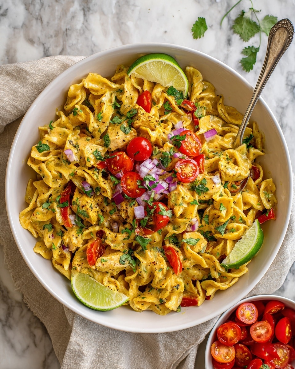 A large white bowl filled with creamy yellow pasta mixed with small pieces of cooked chicken and red bell peppers. On top, bright red cherry tomato halves and small diced purple onions are scattered, along with chopped green cilantro leaves. Two lime wedges sit on the edge of the bowl for garnish. A silver spoon rests inside the bowl. Next to the bowl is a smaller white bowl with more cherry tomato halves. The whole scene is on a white marbled surface with a light beige cloth visible under the bowl. photo taken with an iphone --ar 4:5 --v 7