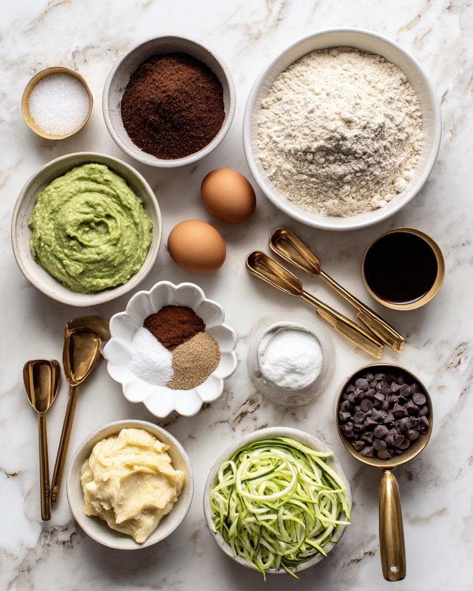 A white marbled surface holds an arrangement of ingredients in white bowls and measuring spoons, each labeled clearly. A large white bowl at the top right contains a light tan whole wheat pasty flour. Next to it on the left is a white bowl with dark brown coconut sugar. Below that is a white bowl filled with green avocado oil. A smaller white bowl contains dark vanilla extract. Two brown eggs rest nearby on the surface. A small white scalloped dish in the center holds cinnamon, nutmeg, and salt in separate brown and white piles. Two wooden measuring spoons hold white baking powder and baking soda side by side. A gold measuring cup at the bottom right holds mashed banana with a soft yellow texture. Another white bowl nearby is filled with shredded, bright green zucchini. A final gold measuring cup contains dark chocolate chips. All items are placed neatly on the white marbled surface, showing a clean, organized ingredient setup photo taken with an iphone --ar 4:5 --v 7