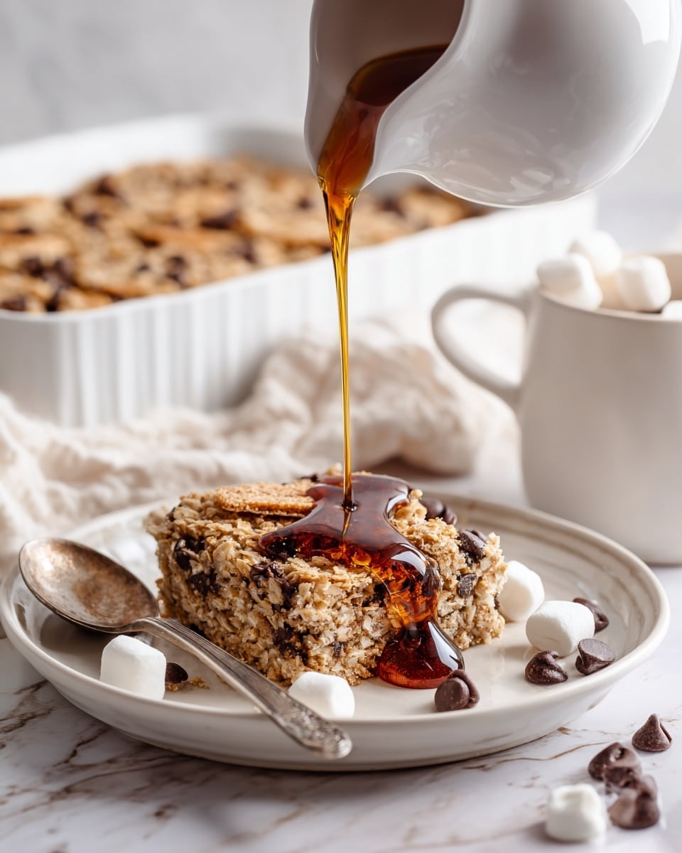 A square piece of oatmeal bar with a textured light brown base dotted with dark chocolate chips and light brown broken graham cracker pieces on top is plated in the center of a white plate. Dark amber syrup is being poured over the bar from a white pitcher, pooling silky and shiny on the surface. Small white marshmallows and extra chocolate chips are scattered near the bar on the plate. A vintage silver spoon sits next to the bar, reflecting soft light. In the background, a white baking dish holds more oatmeal bars. The whole scene is set on a white marbled surface. Photo taken with an iphone --ar 4:5 --v 7