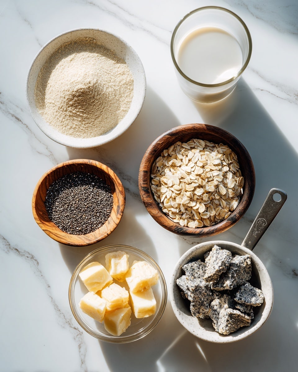 The image shows six containers with different ingredients arranged in a loose circle on a white marbled surface. Starting from the top and moving clockwise, there is a small white bowl filled with a light beige powder, a small wooden bowl with black chia seeds, an empty small wooden bowl, a clear glass bowl containing pale yellow chunks, a white bowl filled with crumbled black and white cookie pieces, and a metal measuring cup holding uncooked light beige rolled oats. There is also a tall glass filled with white liquid placed above the cookie pieces. The lighting is soft and natural, highlighting the textures of each ingredient photo taken with an iphone --ar 4:5 --v 7
