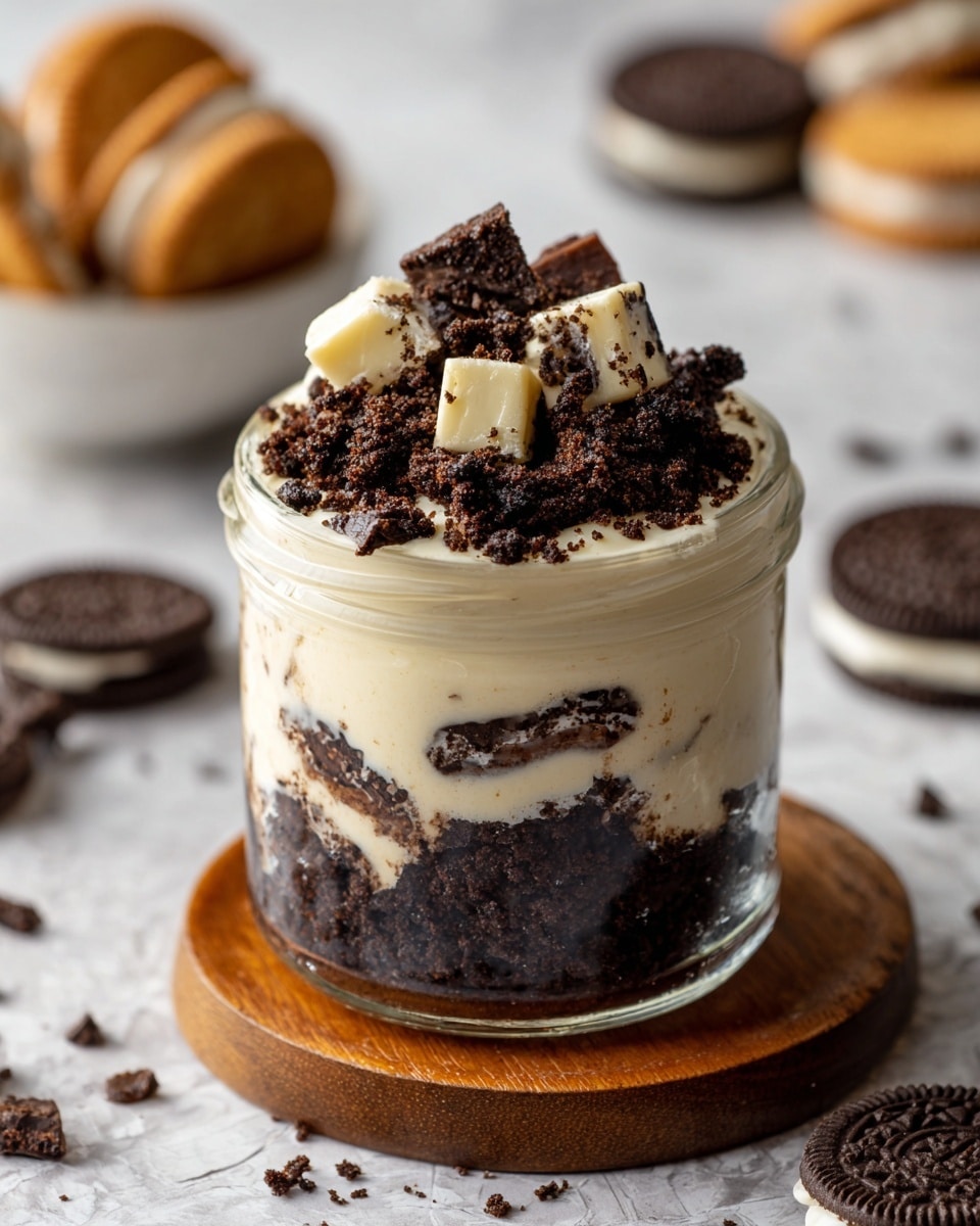 A close-up of a spoon holding a layered dessert with three layers: the bottom layer is dark brown and crumbly like crushed cookies, the middle layer is creamy white with some brown cookie crumbs mixed in, and the top layer is smooth white chocolate with brown cookie crumbs sprinkled on it. The spoon is held near a small glass jar filled with the same dessert, showing the cookie crumb layer at the bottom and the white creamy layer above it with white chocolate pieces on top. The jar sits on a light wooden coaster on a white marbled surface, with some scattered cookie crumbs and whole dark cookies blurred in the background. Photo taken with an iphone --ar 4:5 --v 7