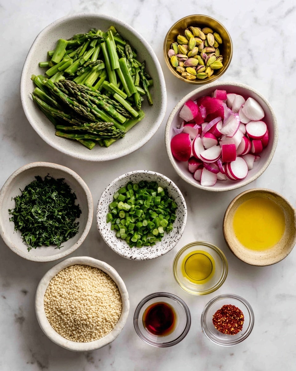 The image shows several white bowls and small containers arranged on a white marbled surface, each holding different ingredients. One white bowl is filled with chopped green asparagus pieces, another white bowl holds sliced red and white radishes. A small white bowl is filled with chopped green scallions, and a white speckled bowl contains chopped dark green parsley. There is a brass container filled with small beige quinoa grains. A small clear glass bowl holds yellow-green pistachios, and a white bowl contains minced garlic. Other small bowls hold red pepper flakes, coarse white sea salt, golden olive oil, light brown maple syrup, and pale yellow lemon juice. All the ingredients are neatly portioned and labeled. Photo taken with an iphone --ar 4:5 --v 7
