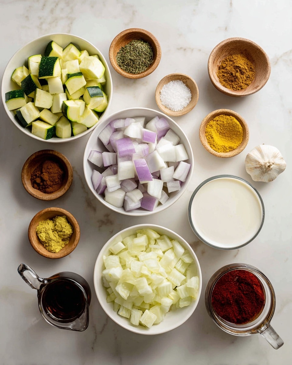 The image shows various ingredients arranged on a white marbled surface for a cooking recipe. There are three white bowls filled with chopped vegetables: one with light green zucchini pieces, one with pale purple and white eggplant cubes, and one with white chopped yellow onion. Around these bowls are small wooden and glass containers holding different spices and liquids: dark green parsley or cilantro, coarse white salt, minced yellow garlic in a small white bowl, smooth white coconut milk in a glass bowl, reddish-brown cayenne pepper, a golden-yellow curry powder, light brown cumin, deep red tomato paste in a small glass jug, brown garam masala, and brown broth in a tiny bowl. Each ingredient is clearly separated and labeled. The overall setup looks clean and bright, with natural light highlighting the textures and colors. Photo taken with an iphone --ar 4:5 --v 7