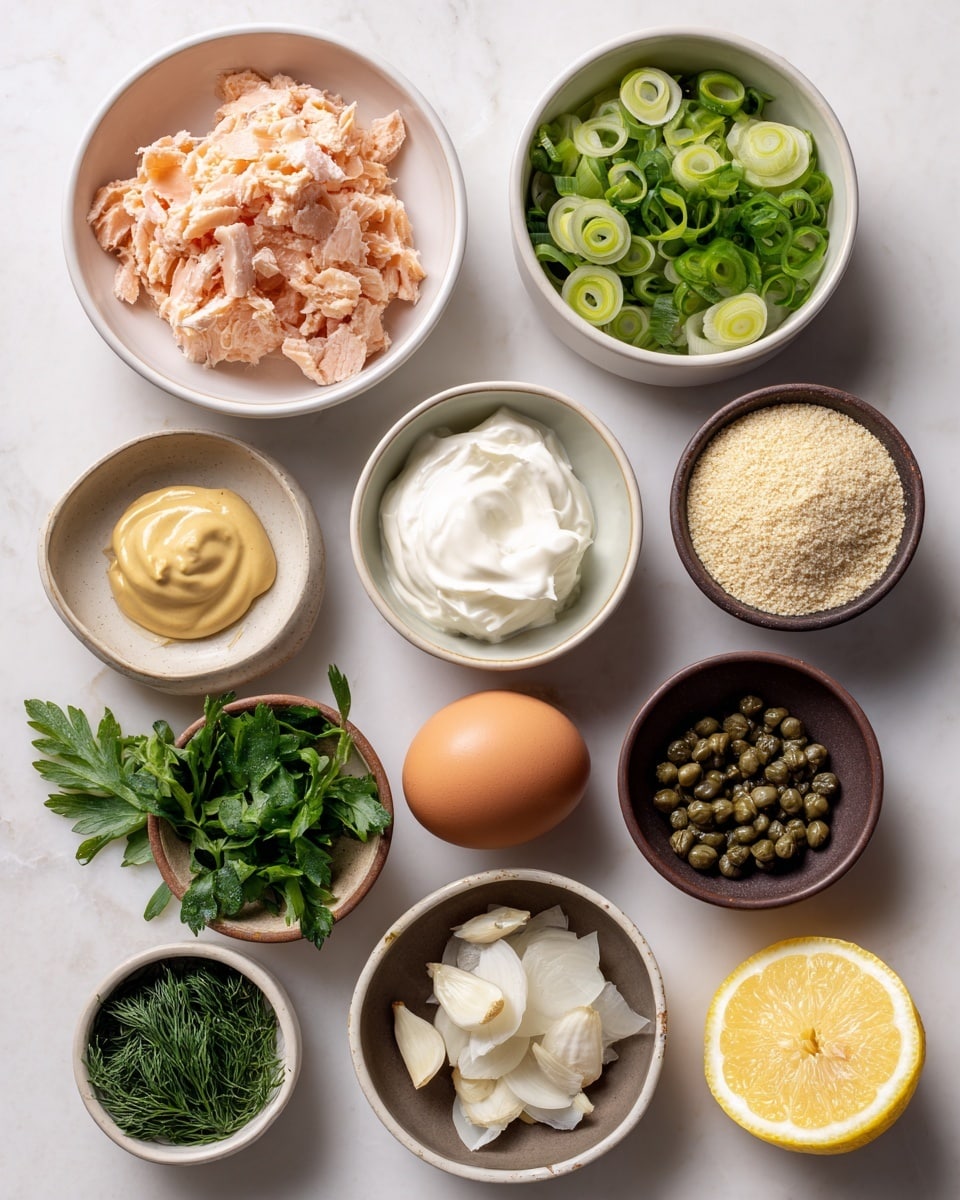 The image shows 13 small bowls with different ingredients placed on a white marbled surface. At the top left is a white bowl filled with light pink canned salmon flakes. To the right of it is a white bowl with green scallions sliced into rounds. Below the salmon is a white bowl with some white Greek yogurt, next to it is a small brown bowl holding one brown egg. To the right of the egg is another brown bowl filled with light tan panko breadcrumbs. Below the yogurt is a small white bowl with a dollop of tan dijon mustard. Below the dijon is a small brown bowl full of green parsley leaves. Next to the parsley is a small white bowl with dark green capers. In the middle, near the bottom, is a white bowl filled with white mayo. Above it is a very small brown bowl with small pieces of white garlic. On the bottom right side is a brown bowl filled with dark green dill. Near the middle right is a white bowl with a mix of salt and black pepper. Finally, near the middle right above the salt and pepper is a half yellow lemon with seeds visible inside. Each bowl and ingredient is labeled with clear black text on white background. photo taken with an iphone --ar 4:5 --v 7