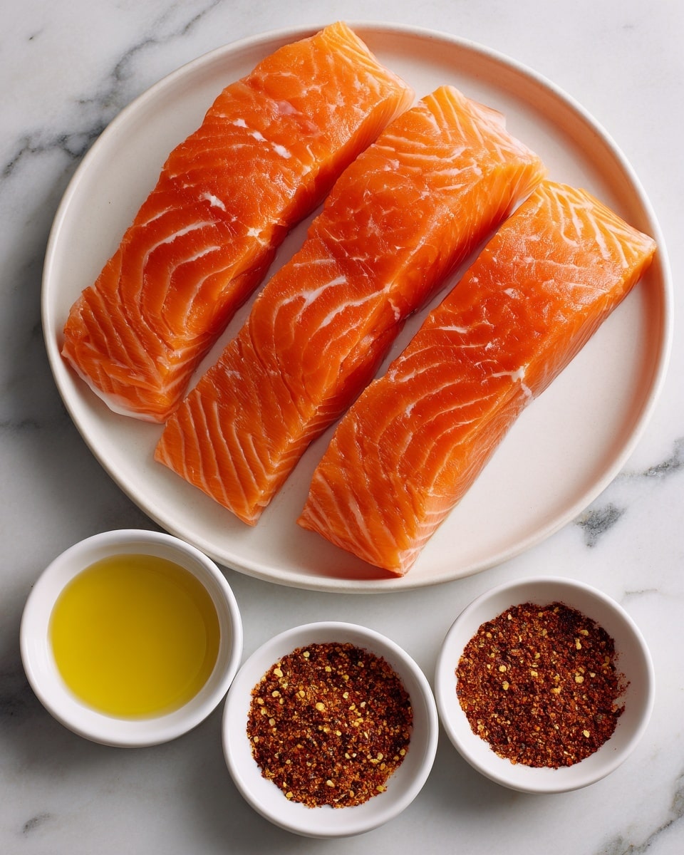 The image shows a white round plate with five raw salmon fillets placed side by side, each fillet a bright orange color with visible white lines of fat. Below the plate are two small white bowls, one on the left filled with golden yellow olive oil and the one on the right containing reddish brown blackened seasoning with a slightly coarse texture. All items are arranged on a white marbled surface. Photo taken with an iphone --ar 4:5 --v 7