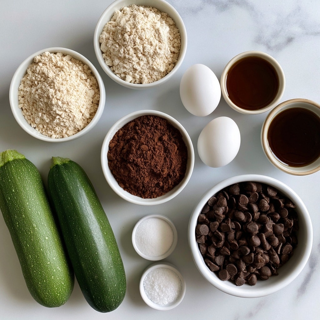 There are eleven items arranged on a white marbled surface. Two medium green zucchinis are on the bottom left. Above them, two small white bowls hold almond flour and oat flour, both light beige powders. In the middle, a small white bowl contains dark brown cocoa powder. To the right, two white eggs are placed near a small bowl of dark brown liquid labeled vanilla and another bowl with thick dark maple syrup. Below the eggs, a white bowl filled with many small dark chocolate chips is visible. At the bottom center, smaller white bowls hold white baking soda and sea salt. Each item is labeled with white tags and black text. photo taken with an iphone --ar 4:5 --v 7