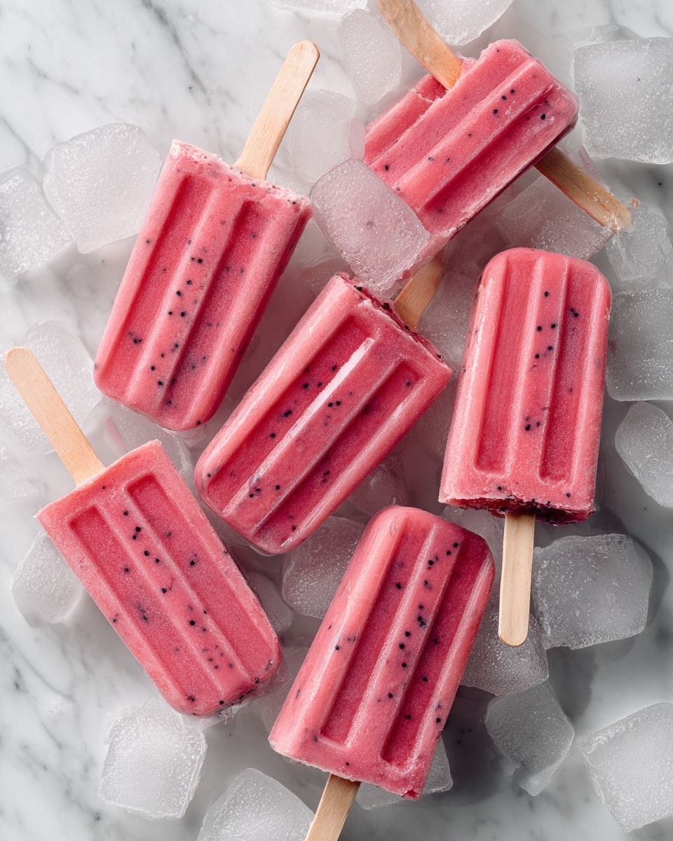 The image shows six pink popsicles with small black specks inside, lying on a bed of clear ice cubes. Each popsicle has three raised ridges running lengthwise and is held by a light wooden stick. The popsicles have a smooth, creamy texture with a slightly shiny surface. The ice cubes beneath them are irregularly shaped and transparent, artfully arranged to keep the popsicles cold. The overall color palette is dominated by different shades of pink with white and clear ice, set against a white marbled texture. photo taken with an iphone --ar 4:5 --v 7