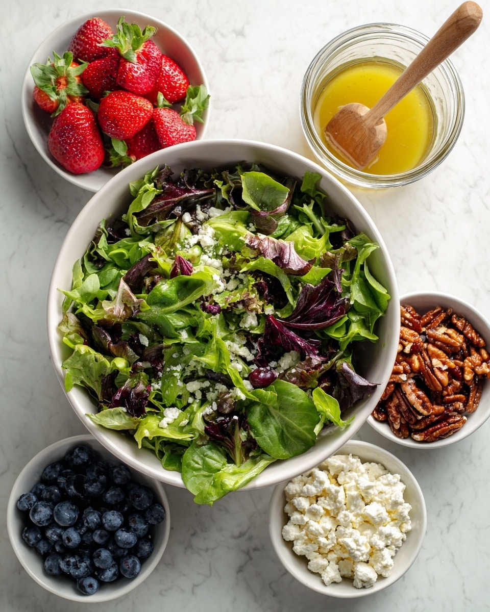 A large bowl filled with fresh baby greens showing different shades of green and some purple leaves, placed in the center on a white marbled surface. Around it are five small white bowls, each holding a different ingredient: bright red strawberries with green tops on the left, dark blue blueberries below the strawberries, crumbly white feta cheese on the bottom right, glossy candied walnuts in a rich brown color above the feta cheese, and a glass jar with white balsamic vinaigrette, a light yellow liquid with a wooden spoon inside, positioned at the top right. All items are neatly arranged in a circle around the large bowl photo taken with an iphone --ar 4:5 --v 7