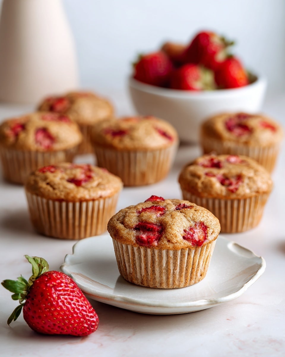 The image shows seven golden brown muffins with visible pieces of red strawberries baked inside and on top. One muffin is placed on a small white plate with a ridged edge in the middle of the image, and it is split open to show a strawberry piece in the center. Around the plate, the other muffins are scattered on a white marbled surface. Two whole red strawberries with green leaves are also placed on the surface near the muffins. In the background, there is a small bowl filled with more whole strawberries and part of a white container visible. The overall look is warm and fresh. photo taken with an iphone --ar 4:5 --v 7