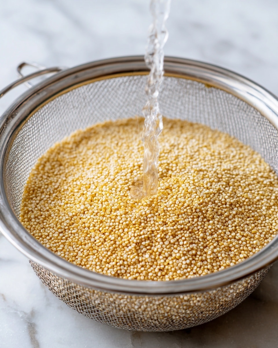 A close-up image of a silver mesh strainer filled with light yellow quinoa grains, with a small stream of water flowing directly onto the quinoa from above. The quinoa looks dry but slightly shiny from the water, and the fine mesh of the strainer is clearly visible around the edges. The strainer sits on a white marbled surface. Photo taken with an iphone --ar 4:5 --v 7