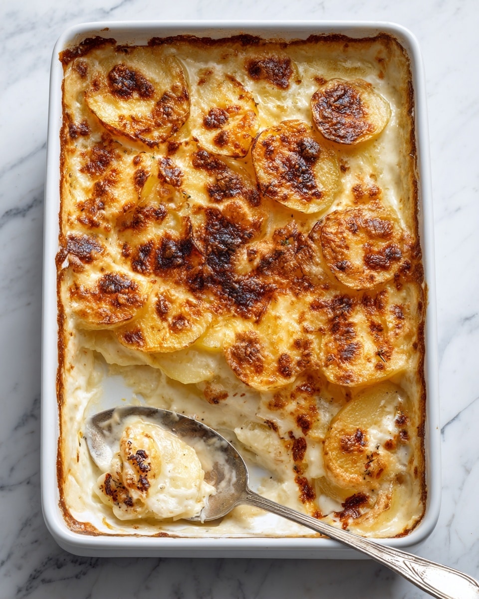 A white rectangular baking dish filled with a creamy, golden-brown potato gratin featuring a bubbly, slightly crisp top layer with darker brown roasted spots. Below the top layer, soft, thinly sliced potatoes show a pale off-white texture soaked in a creamy sauce. A silver serving spoon is placed in the dish's bottom right corner, partially scooping out a portion of the gratin and revealing the creamy layers beneath. The background is a white marbled surface. photo taken with an iphone --ar 4:5 --v 7