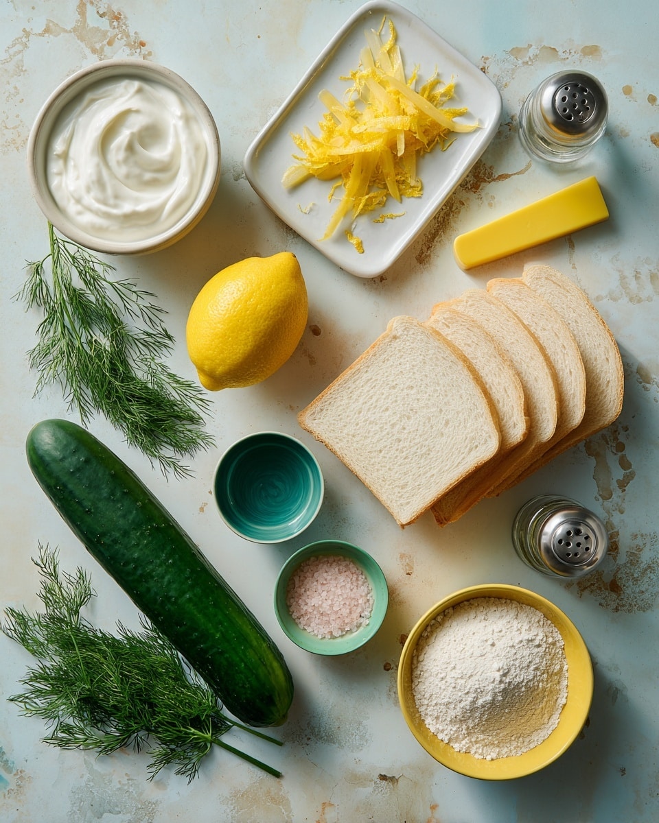 The image shows cooking ingredients neatly arranged on a white marbled surface. At the top center right, there is a stack of four white bread slices with a small pile of yellow lemon peel shavings next to a yellow peeler. Below, a long, dark green cucumber lies horizontally. To the left of the cucumber, a whole yellow lemon is centered with fresh green dill sprigs scattered around it. At the bottom left, a larger bunch of dill rests. Various small bowls and containers are present: a white bowl filled with thick white yogurt at the top left, a small green bowl with clear liquid below it, a blue bowl with pink salt, a clear pepper grinder, a rectangular white tray filled with white flour, and a yellow bowl with white granulated sugar at the bottom right. The overall color palette includes bright whites, greens, yellows, and light blues, with everything placed on a textured white marbled background. Photo taken with an iphone --ar 4:5 --v 7