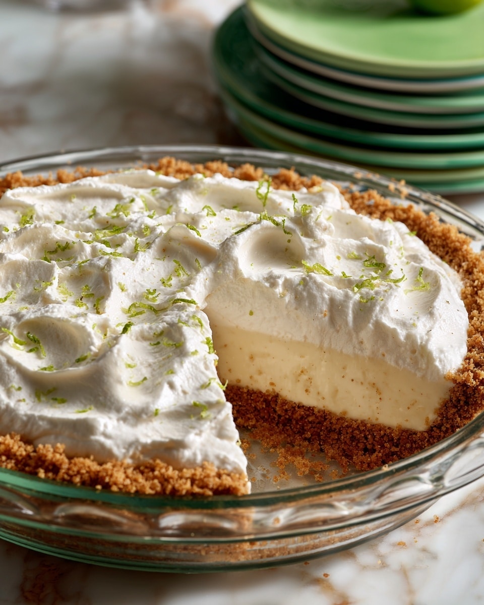 The image shows a pie in a clear glass dish with three main layers: the bottom layer is a light cream filling with a smooth texture, the middle layer is a golden-brown crumbly crust that lines the sides and bottom of the dish, and the top layer is a thick, fluffy white whipped cream spread unevenly with soft peaks. Small green lime zest pieces are scattered on top of the whipped cream. The pie sits on a white marbled surface with a blurred background showing a stack of green plates. Photo taken with an iphone --ar 4:5 --v 7