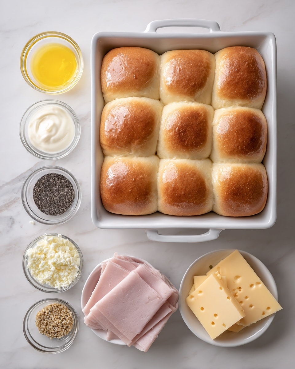 The image shows ingredients for a sandwich arranged neatly on a white marbled surface. On the right side, there is a white baking dish with twelve golden brown dinner rolls with soft, slightly wrinkled tops. To the left of the rolls, there are six small glass bowls with different contents: one holds melted yellow butter, another has a smooth white creamy sauce, a third contains black poppy seeds, the fourth holds finely minced garlic, the fifth a small amount of dark brown sauce, and the last one holds a light tan mustard. Two white bowls are next to the small bowls: one bowl holds several folded slices of pink ham, and the other contains folded slices of pale yellow cheese with small holes. The colors and textures of the ingredients contrast gently against the white marbled surface. Photo taken with an iphone --ar 4:5 --v 7
