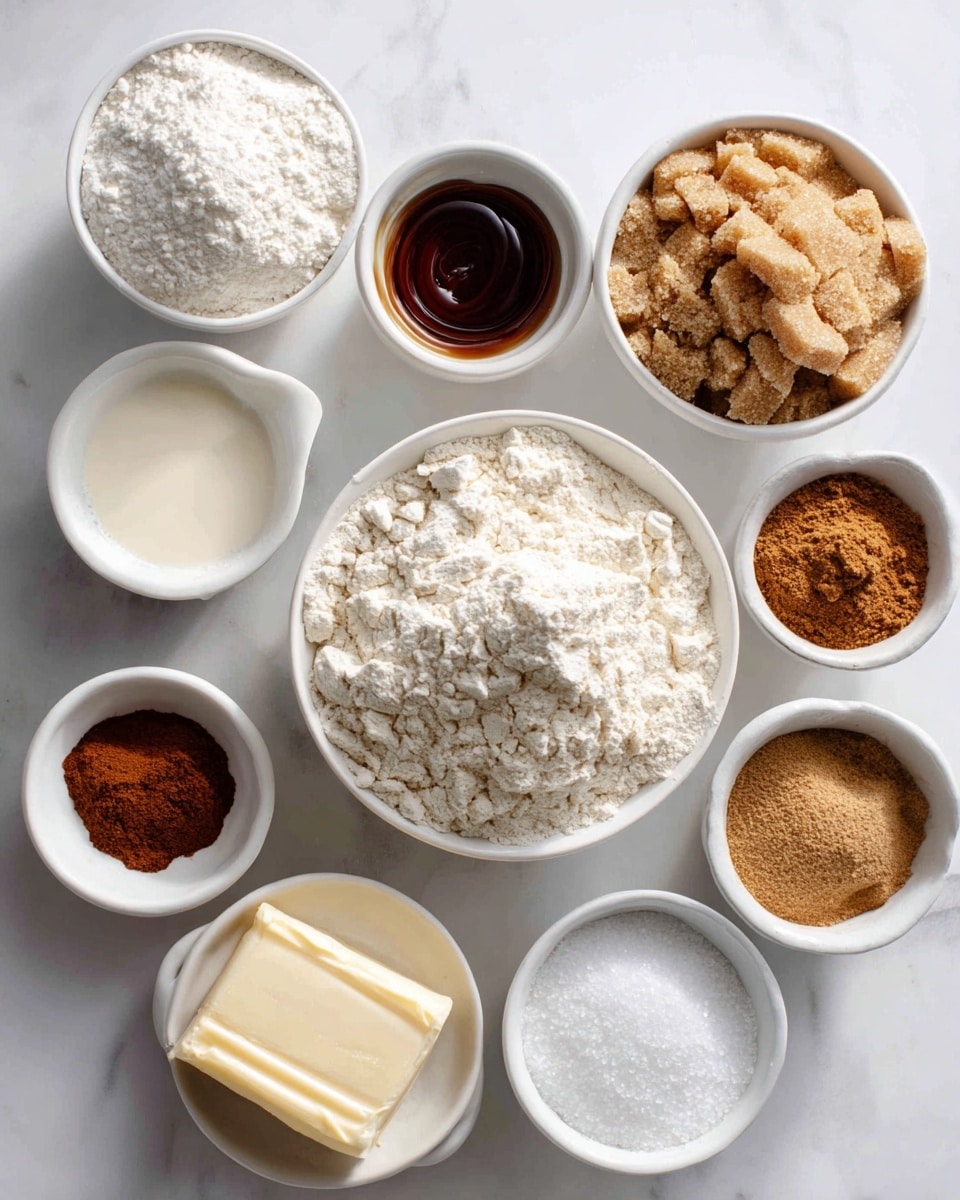The image shows various small white bowls and a stick of vegan butter arranged on a white marbled surface. In the center is a bowl filled with off-white all-purpose flour, with a textured powder look. To the upper right, a white bowl is heaped with light brown soft brown sugar granules. Above the flour bowl in the middle is a white bowl with thick, dark brown molasses liquid with a shiny surface. To the left of the molasses is a white bowl with smooth, pale beige plant milk or yogurt. On the lower right side is a white bowl filled with fine white sugar crystals. Below the flour bowl to the left are two small white bowls, one with white salt crystals and the other with fine white baking soda. At the bottom center-right is a white bowl containing ground spices in two piles: warm reddish-brown cinnamon and light brown ground ginger. At the bottom right is a white bowl with a small amount of clear amber vanilla liquid. Positioned horizontally across the lower middle part is a stick of boxed vegan butter with a pale yellow color. The light is natural and bright, casting soft shadows, photo taken with an iphone --ar 4:5 --v 7