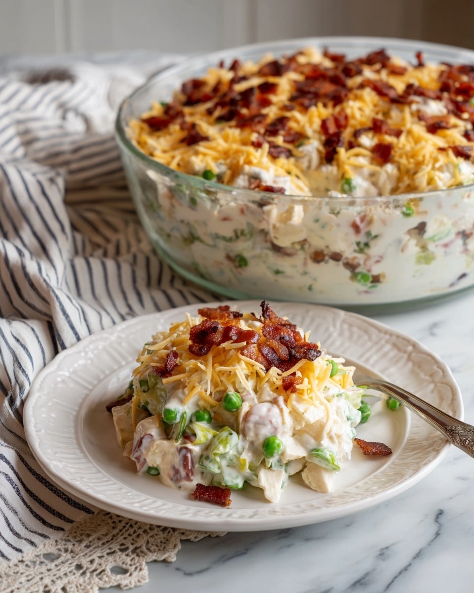 The image shows a layered salad in a clear glass bowl and a serving on a white plate. The salad has three main visible layers: at the bottom, green leafy lettuce pieces; in the middle, a creamy white sauce mixed with crunchy peas; and on top, a thick layer of shredded pale yellow cheese sprinkled with dark brown crispy bacon bits. The white plate holding a portion of the salad reveals the same layers with visible lettuce, creamy sauce, green peas, cheese, and bacon. The setting has a white marbled surface with a lace and striped cloth underneath. photo taken with an iphone --ar 4:5 --v 7