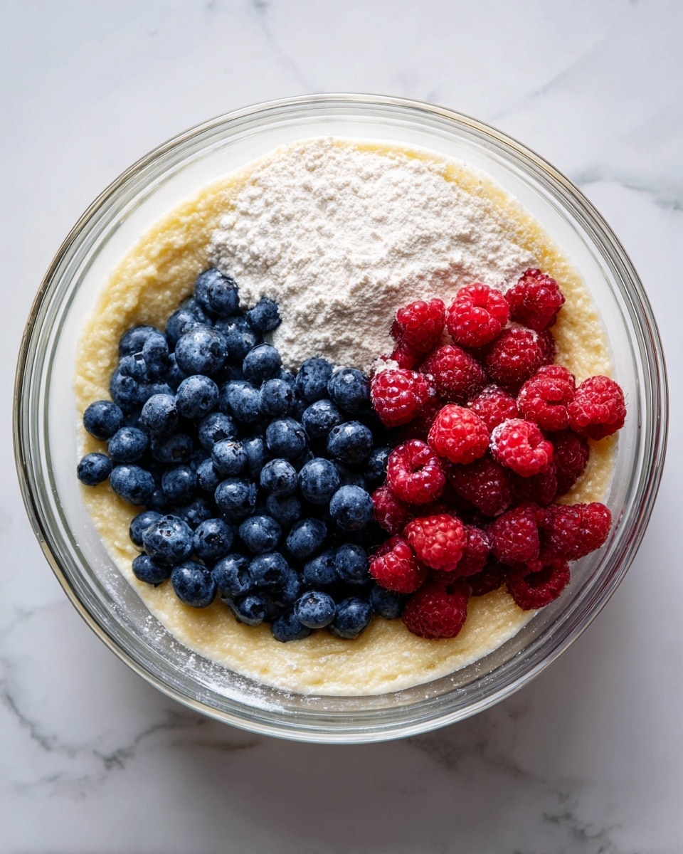 A clear glass bowl sits on a white marbled surface holding layers of ingredients. At the bottom, there is a smooth, pale yellow batter mixed unevenly with some dry white flour on the sides. On top of the batter and flour, there is a heap of fresh blueberries, deep blue in color, piled mostly to one side of the bowl. Next to the blueberries, bright red raspberries are gathered, adding a vibrant contrast. The textures of the berries show their natural roundness and slight glossiness as they rest on the batter. The scene has natural light highlighting the freshness of the berries and the mix in the bowl, photo taken with an iphone --ar 4:5 --v 7
