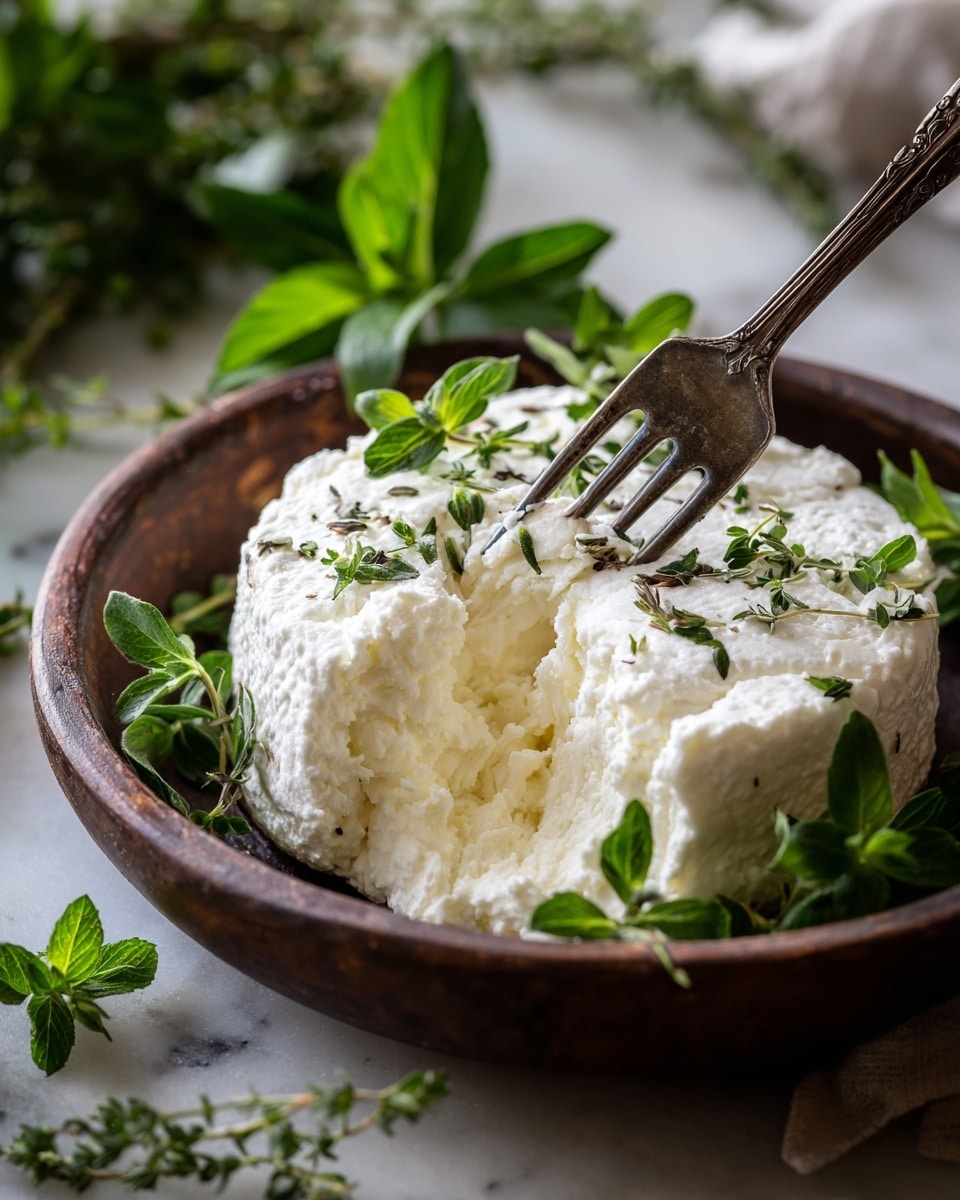 A close-up view of a white soft cheese with a smooth outer layer and a creamy, slightly fluffy inside, partly pressed by a vintage silver fork with a black handle resting on the cheese's top right side. The cheese sits in a rustic dark brown bowl, surrounded by fresh green leafy herbs scattered around and within the bowl. The background features a white marbled texture. photo taken with an iphone --ar 4:5 --v 7