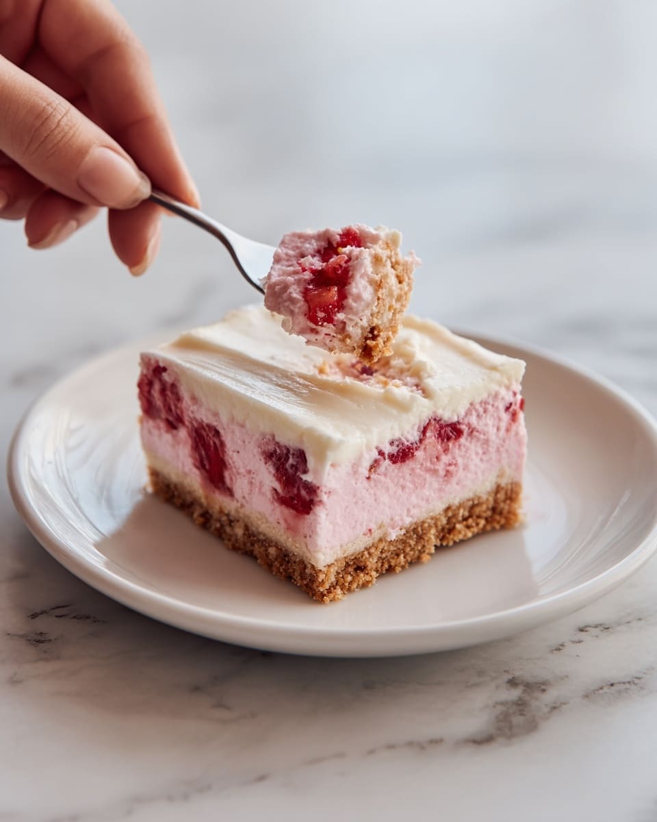 The image shows a close-up of a dessert in a white rectangular dish with one square piece removed. The dessert has three visible layers: the bottom layer is a golden brown crumbly crust, the middle layer is a thick, smooth, pink mousse with pieces of strawberries embedded near the bottom, and the top layer is a thick, fluffy white cream spread evenly. A metal spatula rests inside the dish, partially under the removed piece. The background surface is a white marbled texture. photo taken with an iphone --ar 4:5 --v 7