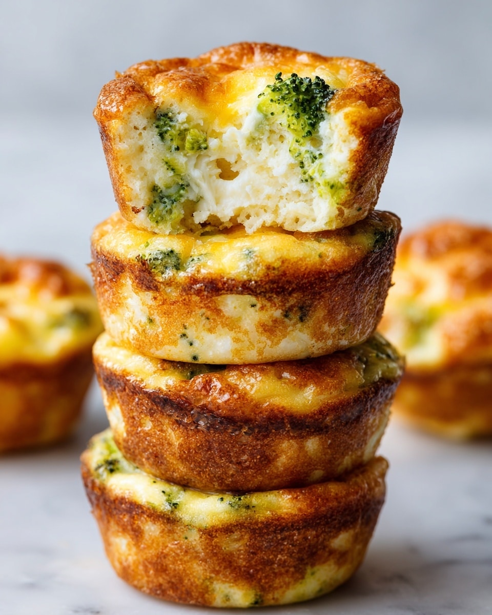 A stack of four small egg muffins with a golden brown crust, each muffin showing a fluffy, light yellow inside mixed with small pieces of green broccoli and bits of cheese. The top muffin is halved, revealing a soft, moist texture with visible broccoli flecks and cheese melted inside. The muffins have slightly crisp edges and an even round shape. They are placed on a white marbled surface with two other whole muffins blurred in the background. photo taken with an iphone --ar 4:5 --v 7