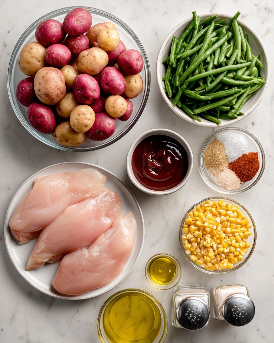 The image shows a top view of several ingredients arranged on a white marbled surface. There is a clear glass bowl filled with many small red potatoes on the top left. Below that and slightly to the right is a white plate holding three pinkish raw chicken breasts. Above the chicken and to the right is a white bowl full of fresh green beans. Near the green beans is a small glass bowl of dark brown BBQ sauce. Below the green beans is a small glass bowl with golden yellow corn kernels. To the right of the chicken breasts are two small containers, one with light brown garlic powder and the other with reddish-brown Cajun seasoning. There is also a small glass bowl with yellow oil and a pair of clear salt and pepper shakers on the lower right. The ingredients are spread out neatly with some labels for each item placed near them. Photo taken with an iphone --ar 4:5 --v 7