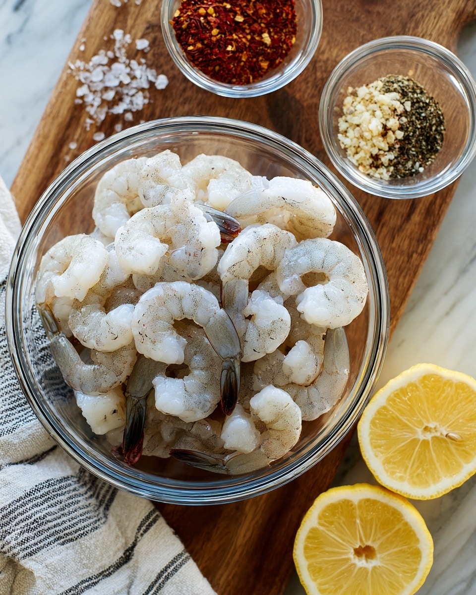 The image shows a clear glass bowl filled with raw shrimp that are white with dark tails, arranged loosely in the bowl. The bowl is placed on a wooden surface. To the left, part of another small clear glass bowl is seen holding a mix of seasonings including red, black, and white spices with some minced garlic; nearby is a white and gray striped cloth napkin. On the bottom right, there are two halves of a lemon showing their bright yellow inside. The background is a white marbled texture. Photo taken with an iphone --ar 4:5 --v 7