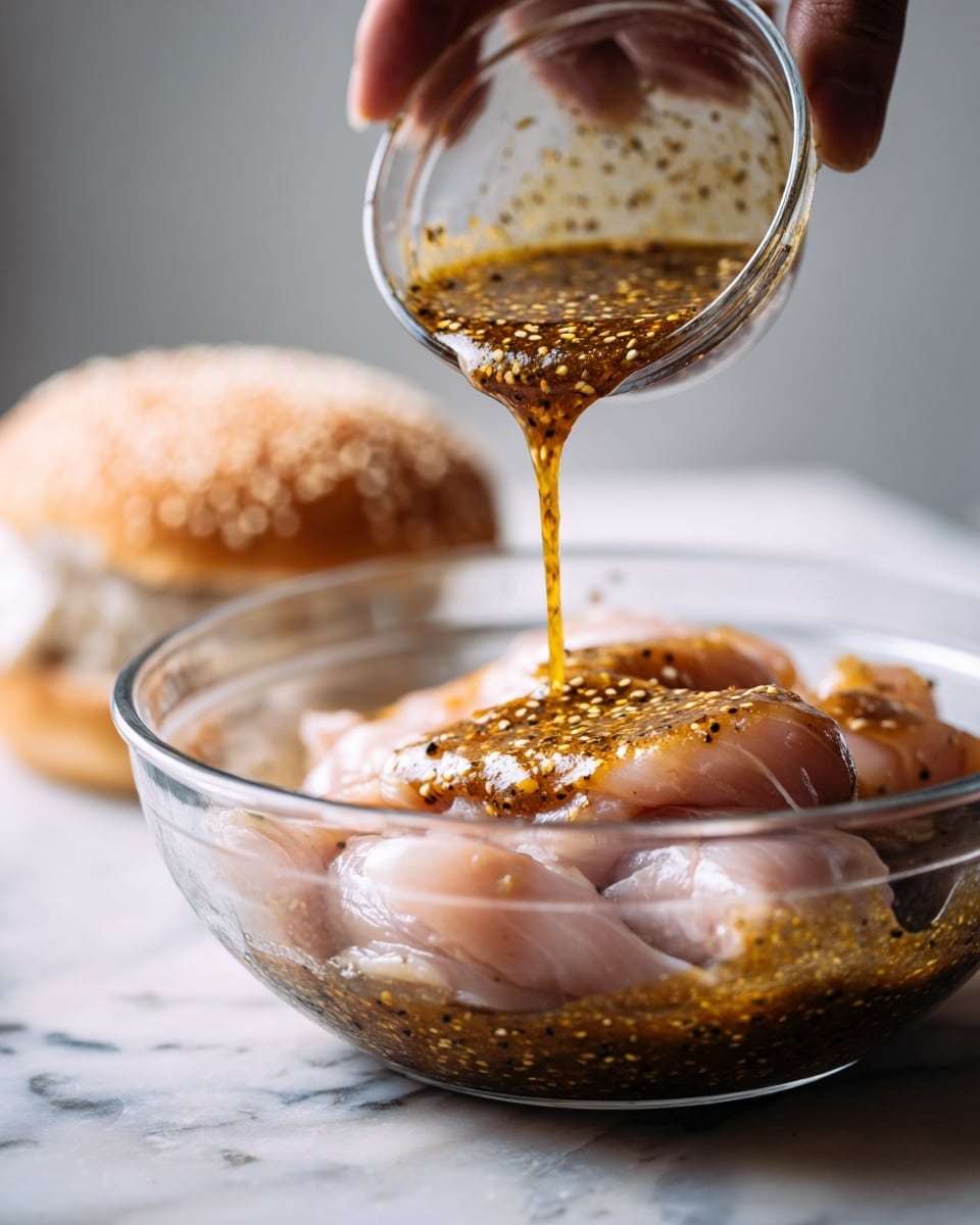 A close-up shows a woman's hand pouring thick, brown marinade with visible black pepper flakes from a small glass bowl onto raw, pale pink chicken pieces in a clear glass bowl. The chicken pieces are large and layered unevenly, with the sauce coating the top layer and dripping on the sides. In the background, there is a white sesame seed-topped hamburger bun partially visible on a white marbled surface. The scene has soft, natural lighting highlighting the texture and color of the sauce and chicken photo taken with an iphone --ar 4:5 --v 7
