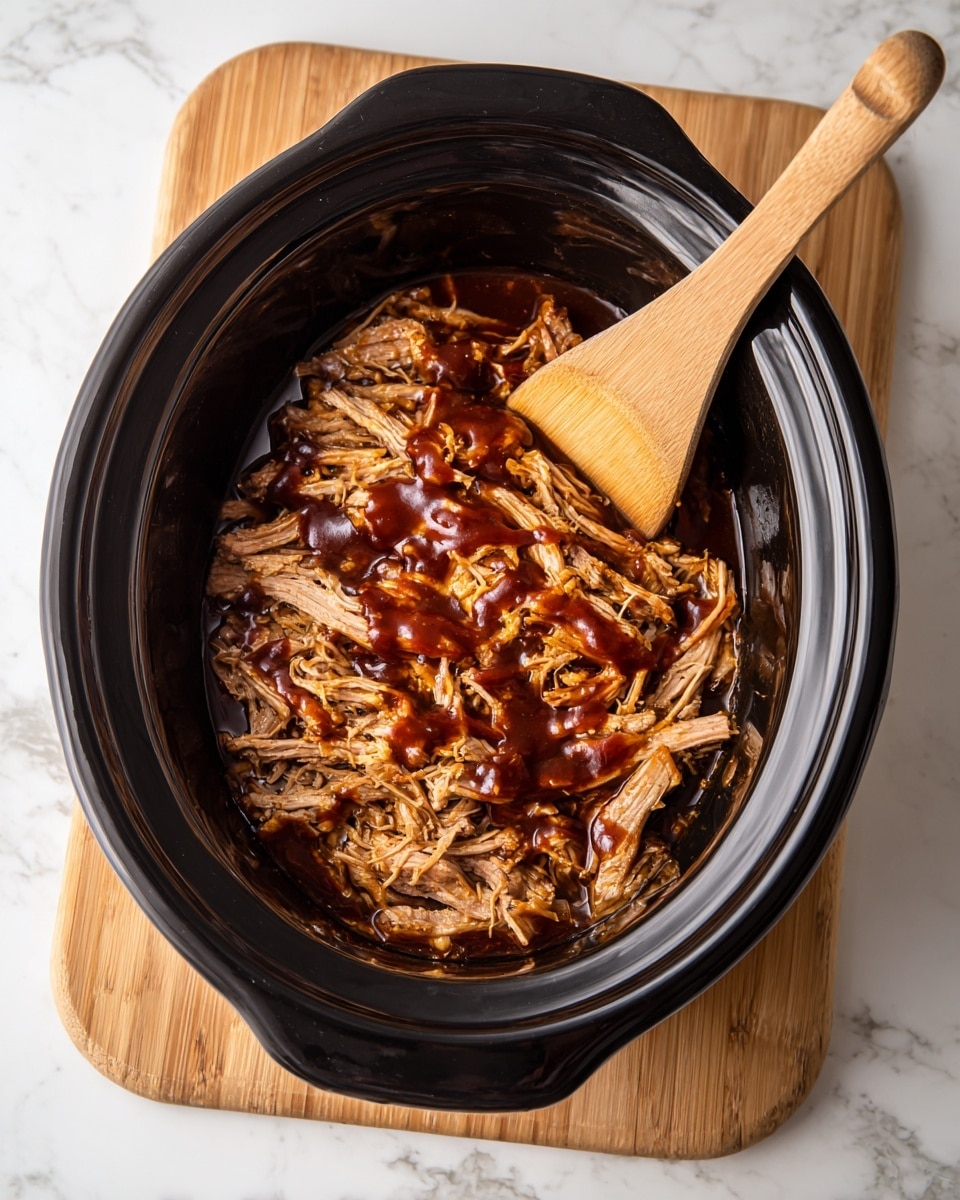 Inside a black slow cooker, there is a layer of shredded cooked meat with a light brown and beige color. The meat is covered with a glossy, dark reddish-brown sauce drizzled unevenly on top. The pot sits on a wooden trivet with a wooden spatula next to it, all placed on a white marbled surface. The image shows a close-up view of the hot meat with sauce rich in texture and moisture, ready to be served. Photo taken with an iphone --ar 4:5 --v 7