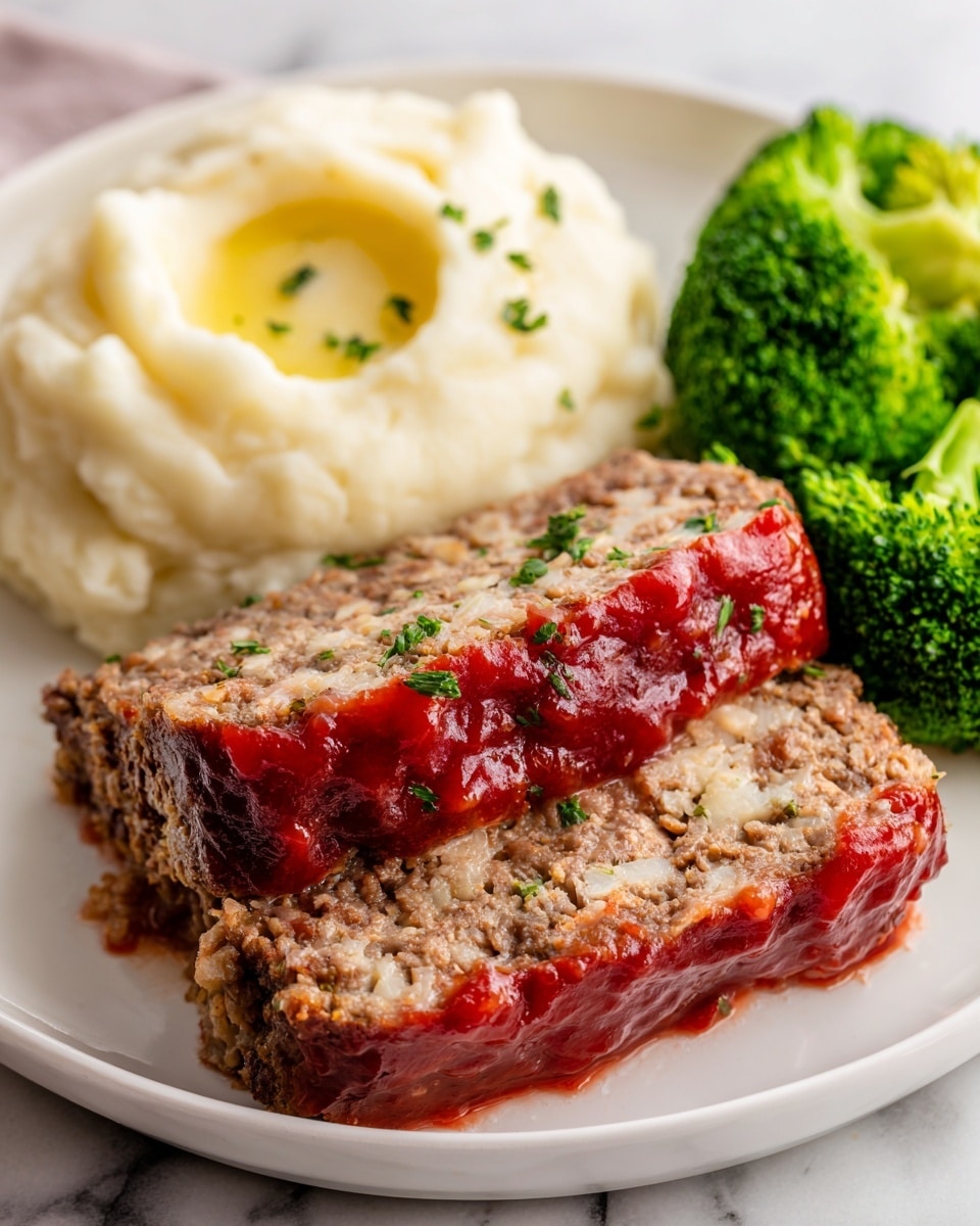 A white plate holds two thick slices of meatloaf stacked on each other, with a bright red sauce layer on the bottom and sides of each slice. To the upper left of the meatloaf, there is a mound of creamy mashed potatoes with a pale yellow-butter spot in the center and small green herb specks on top. To the right of the meatloaf, there is a cluster of bright green steamed broccoli florets. The plate rests on a white marbled surface. photo taken with an iphone --ar 4:5 --v 7