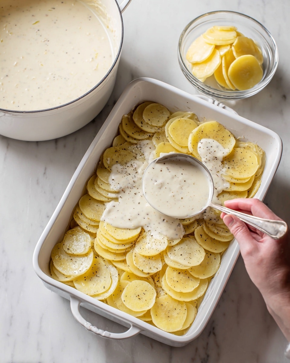 A white rectangular baking dish is filled with one visible layer of thin, round potato slices that are light yellow with specks of black pepper. Creamy white sauce with a smooth texture is being poured over the potato slices from a metal ladle held by a woman's hand on the left side. A large white pot containing more of the creamy sauce is visible in the upper left corner, and a clear glass bowl with more potato slices is on the upper right. All items sit on a white marbled surface. photo taken with an iphone --ar 4:5 --v 7