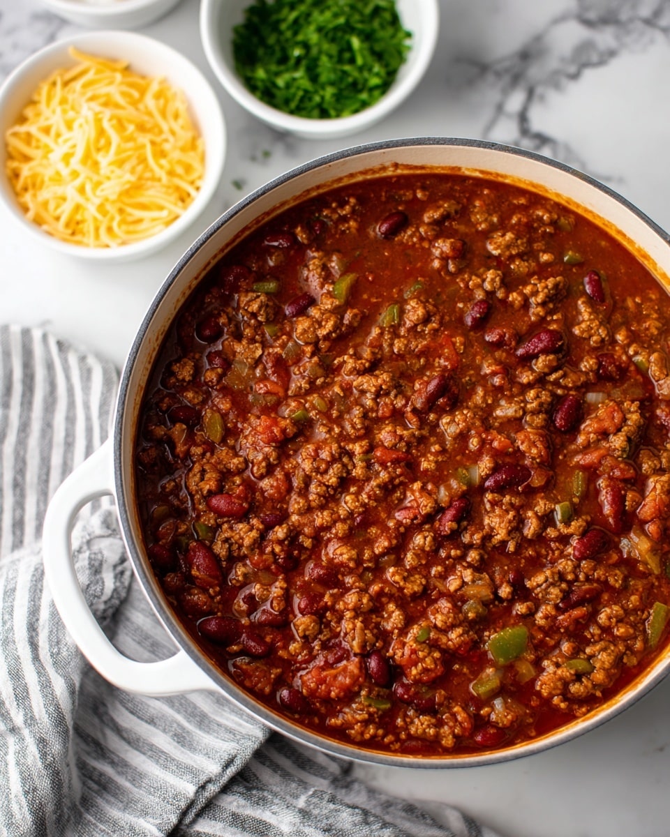 A white pot filled with seven distinct layers arranged side by side: bright red smooth tomato sauce in the top left, dark cooked ground beef mixed with lightly browned onions to the upper right, fresh chopped green bell peppers to the far right, bright red kidney beans below the tomato sauce, and chunky diced tomatoes with pieces of green pepper near the bottom center. Over the beef and tomatoes, several piles of dry spices in red, light brown, and beige hues add a textured contrast. The pot rests on a white marbled surface with a black and white striped cloth underneath. Photo taken with an iphone --ar 4:5 --v 7