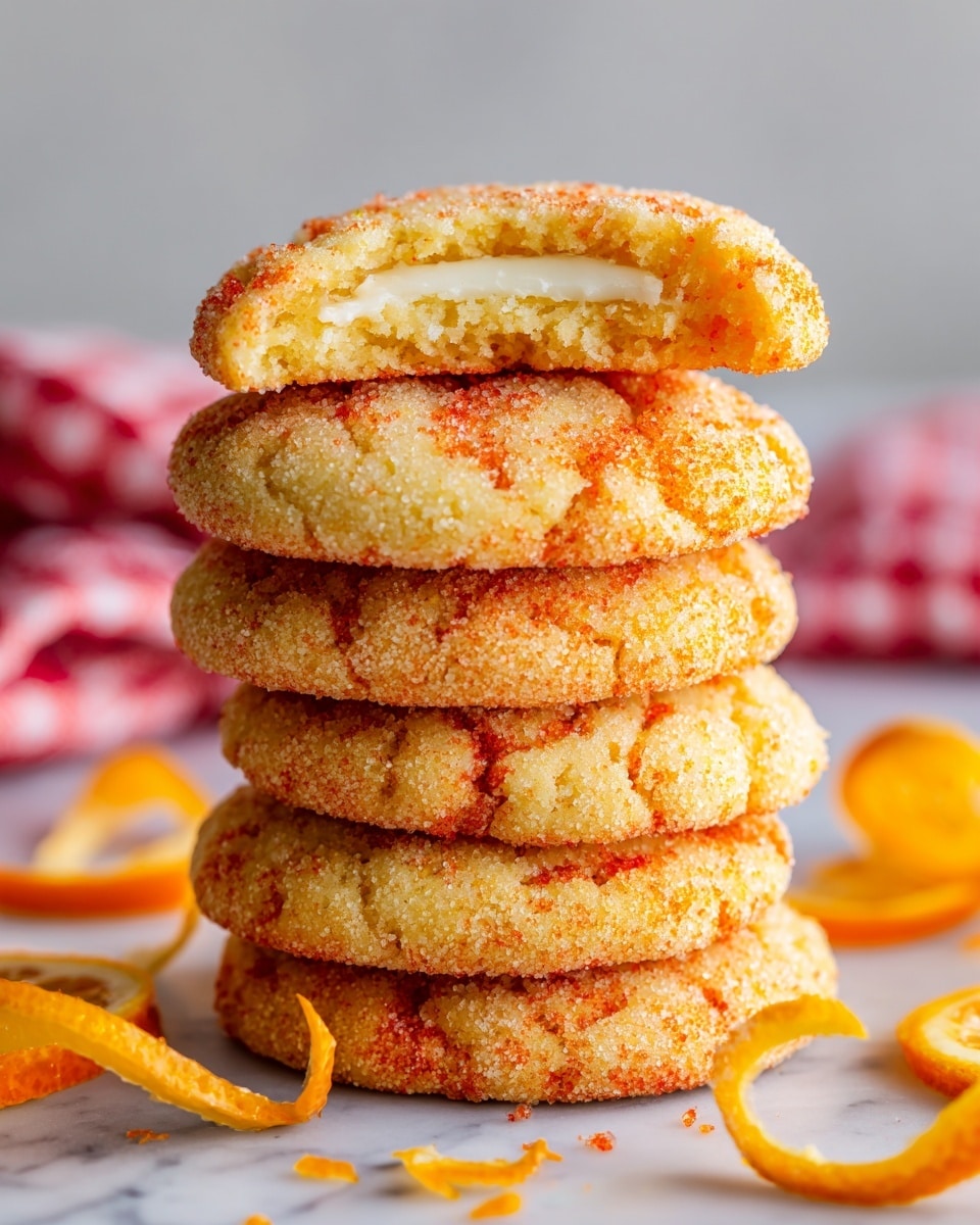 A pile of soft round orange cookies with a cracked top texture is shown stacked closely together on a black wire rack. On top of the cookies, there is a single half orange slice with bright orange color and visible white pith. The wire rack is set on a white marbled surface, adding a clean and bright background to the image. The focus is sharp on the cookies and the orange slice, showing fine details of the cookie's sugar coating and cracks. photo taken with an iphone --ar 4:5 --v 7